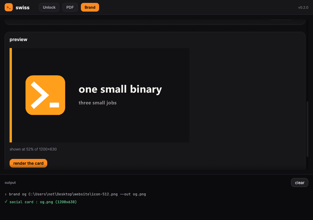 The swiss-gui window on the Brand tab. Above is a settings panel for the social card; below it is a live preview of the card itself, dark with an amber logo tile and the words one small binary.